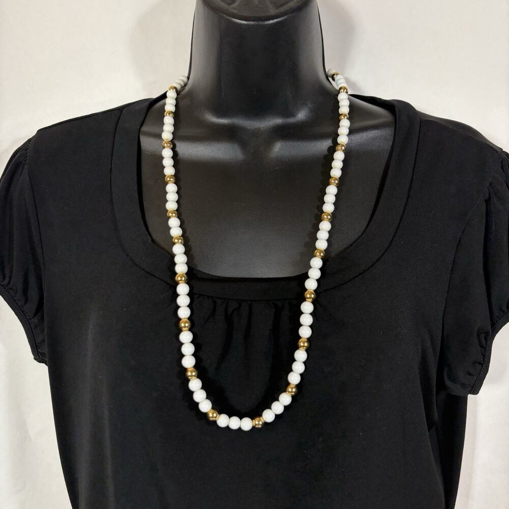 Napier Beaded Necklace White Acrylic Gold Tone Beads 29" Vintage Retro